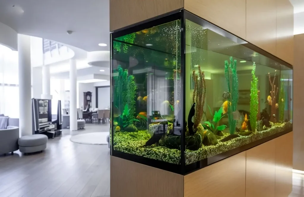 Aquarium en plexiglass intégré dans un intérieur moderne avec poissons tropicaux