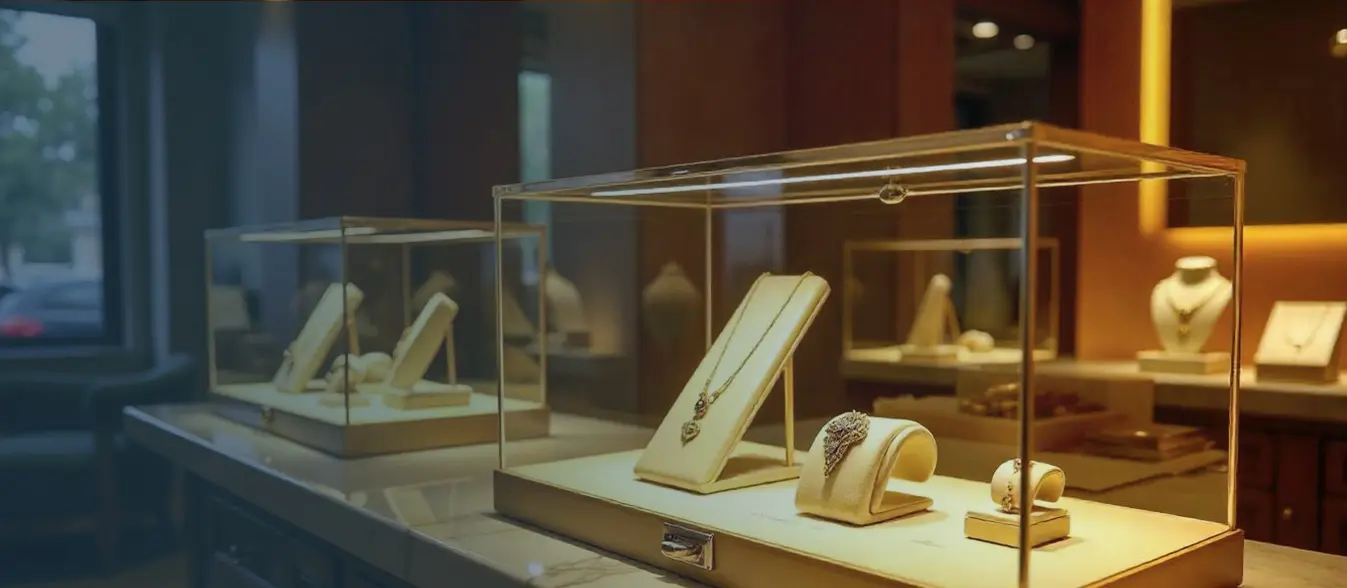 Vitrine en plexiglass élégante présentant des bijoux de luxe