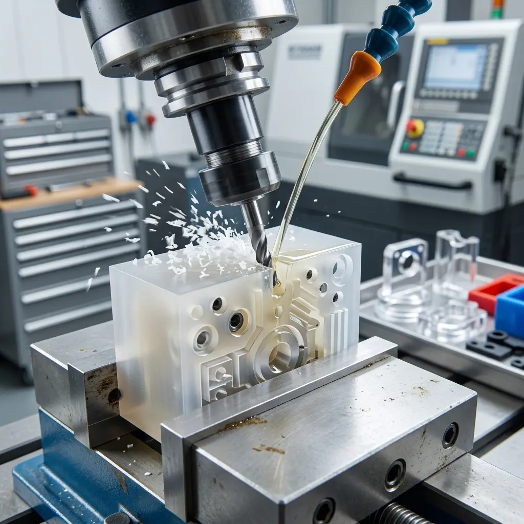 Gros plan sur une fraiseuse CNC en train d’usiner un bloc de plastique technique blanc maintenu dans un étau. Des copeaux sont projetés pendant l’usinage, tandis qu’un liquide de refroidissement est appliqué sur la zone de coupe dans un atelier de mécanique de précision.