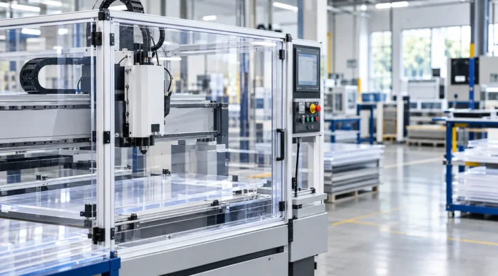 Protection industrielle transparente en polycarbonate autour d’une machine CNC dans un atelier de fabrication.
