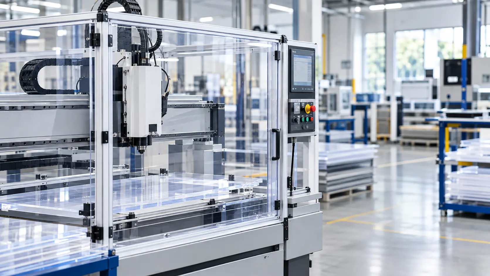Protection industrielle transparente en polycarbonate autour d’une machine CNC dans un atelier de fabrication.